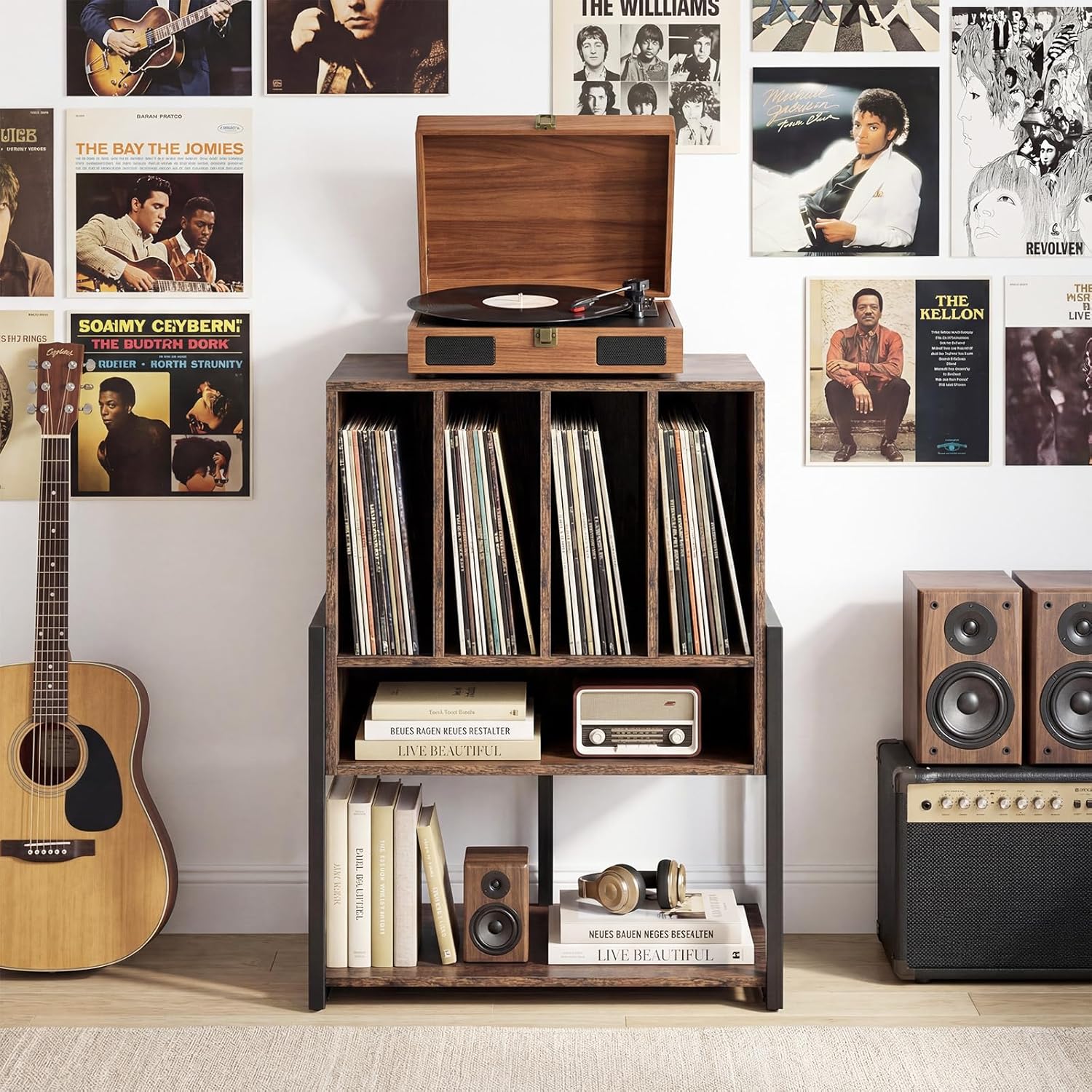 Meuble Platine Vinyle jusqu'à 180 Vinyle, 4 roulettes Inclus, Étagères, 5 Compartiments, Support Tourne Disque pour Albums, Manga, Livres, Marron - 7
