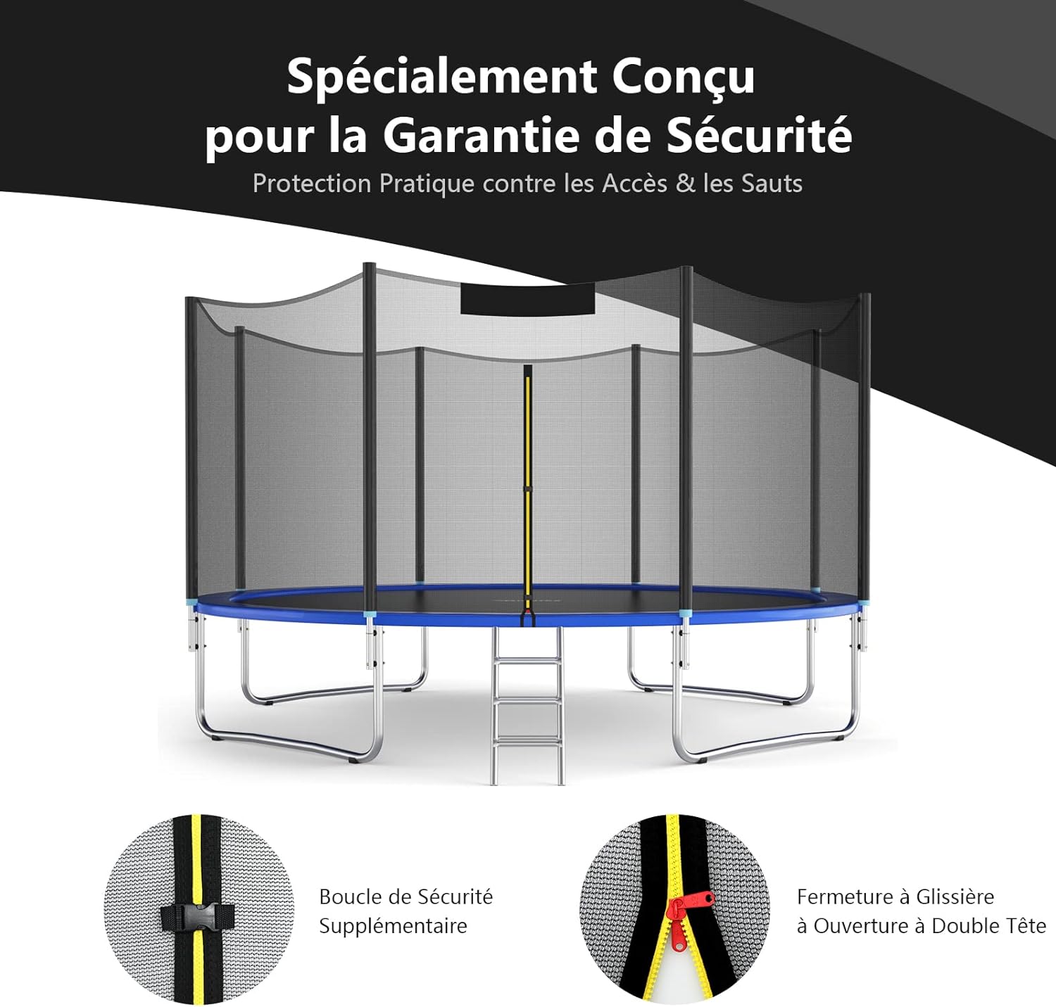 Filet de Securite pour Trampoline 305 CM, Filet de Trampoline 6 Poteaux, Resistant aux UV, Double Fermeture Eclair, Modele Bord Exterieur, Noir - 2