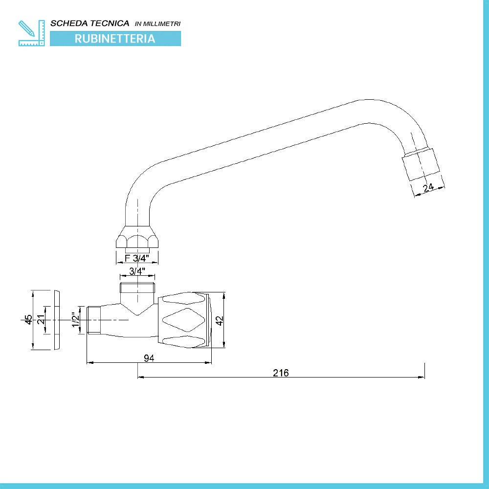 Rubinetto Da Muro Per Cucina E Lavanderia - Canna Girevole In Ottone Cromato - Doppia Manopola