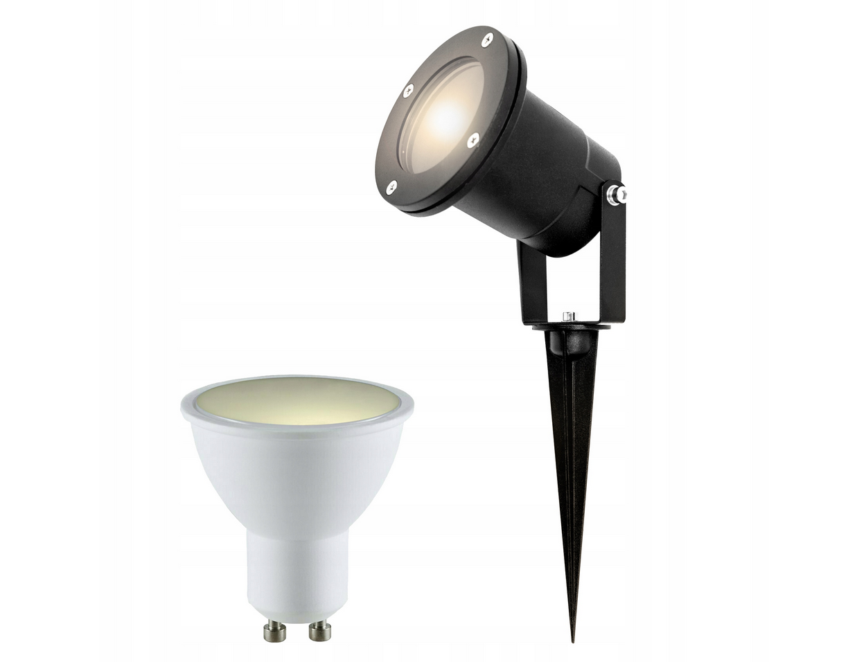Reflektor ogrodowy wbijany HORTUS GU10 IP65 czarny + Żarówka FARI LED GU10 5,5W 3000K ciepła WW 500lm EDO