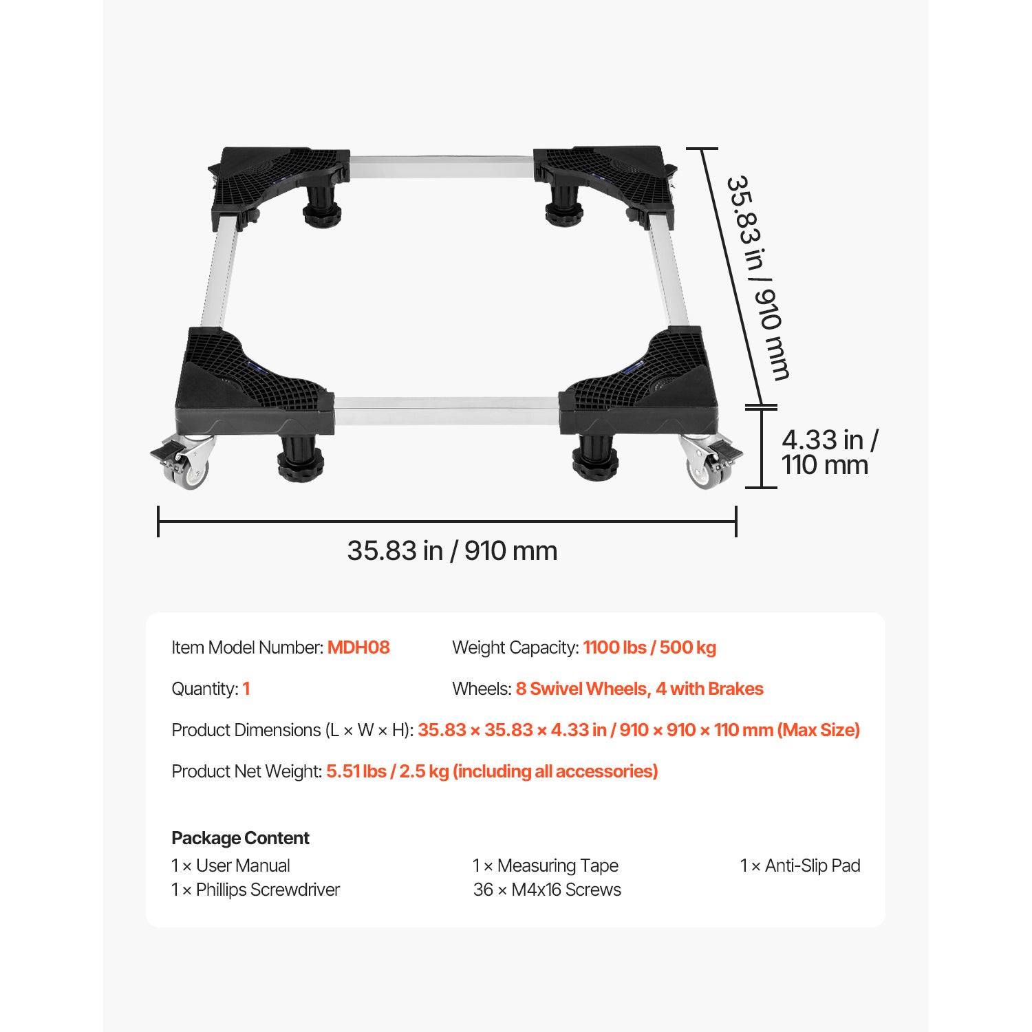 Suporte para eletrodomésticos,SucceBuy capacidade de carga de até 500 kg,base com 8 rodas giratórias,4 das quais equipadas com freios - 9