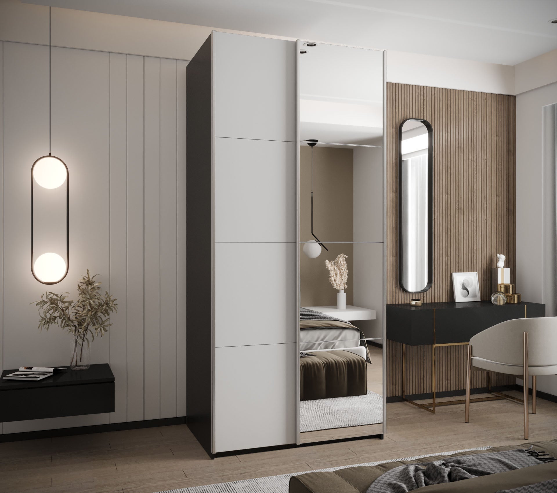 Szafa przesuwna wysoka Lux 3 120 x 64 x 245,5 cm czarny + biały + u. srebrny - Abiks Meble - 2