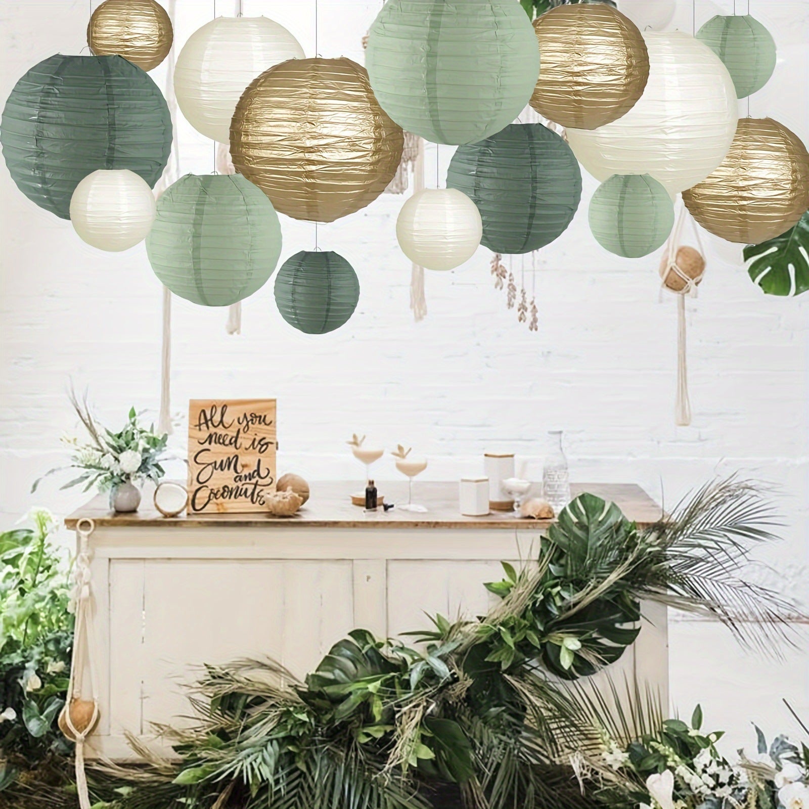 15 Lanternes en Papier Vert Sauge,Crème et Doré - Décoration Parfaite pour Mariages, Anniversaires, Fêtes Prénatales et Jardins 25cm - 3