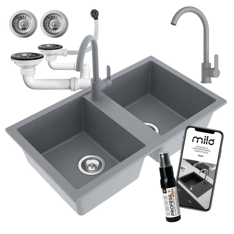 Zlewozmywak dwukomorowy Prado szary w zestawie z syfonem przyściennym i baterią Evo Select