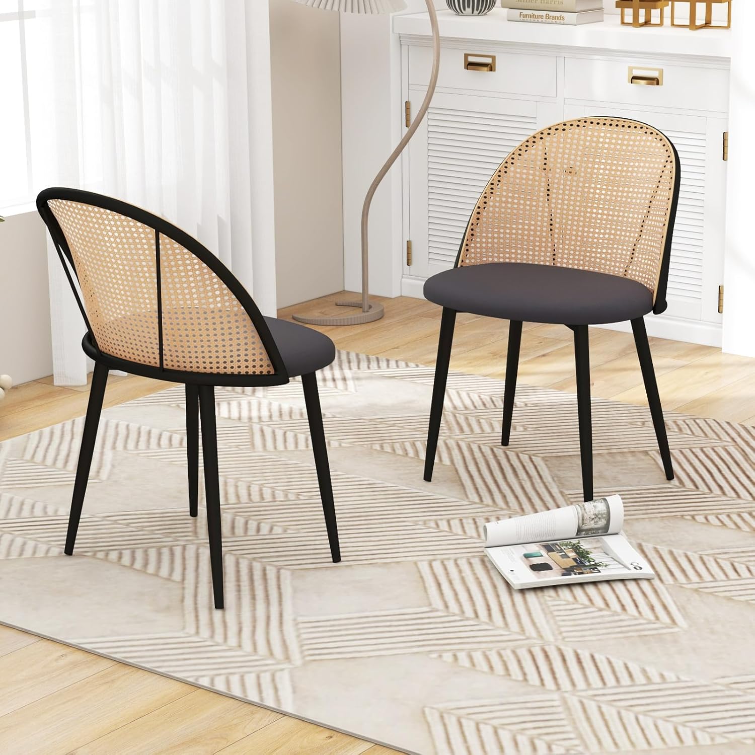 Lot de 2 Chaises de Salle à Manger, Chaise Cannage sans Accoudoirs, Siège Rembourré, Pieds Fuselés en Métal, Hauteur d’Assise 46 cm, Chaise - 9