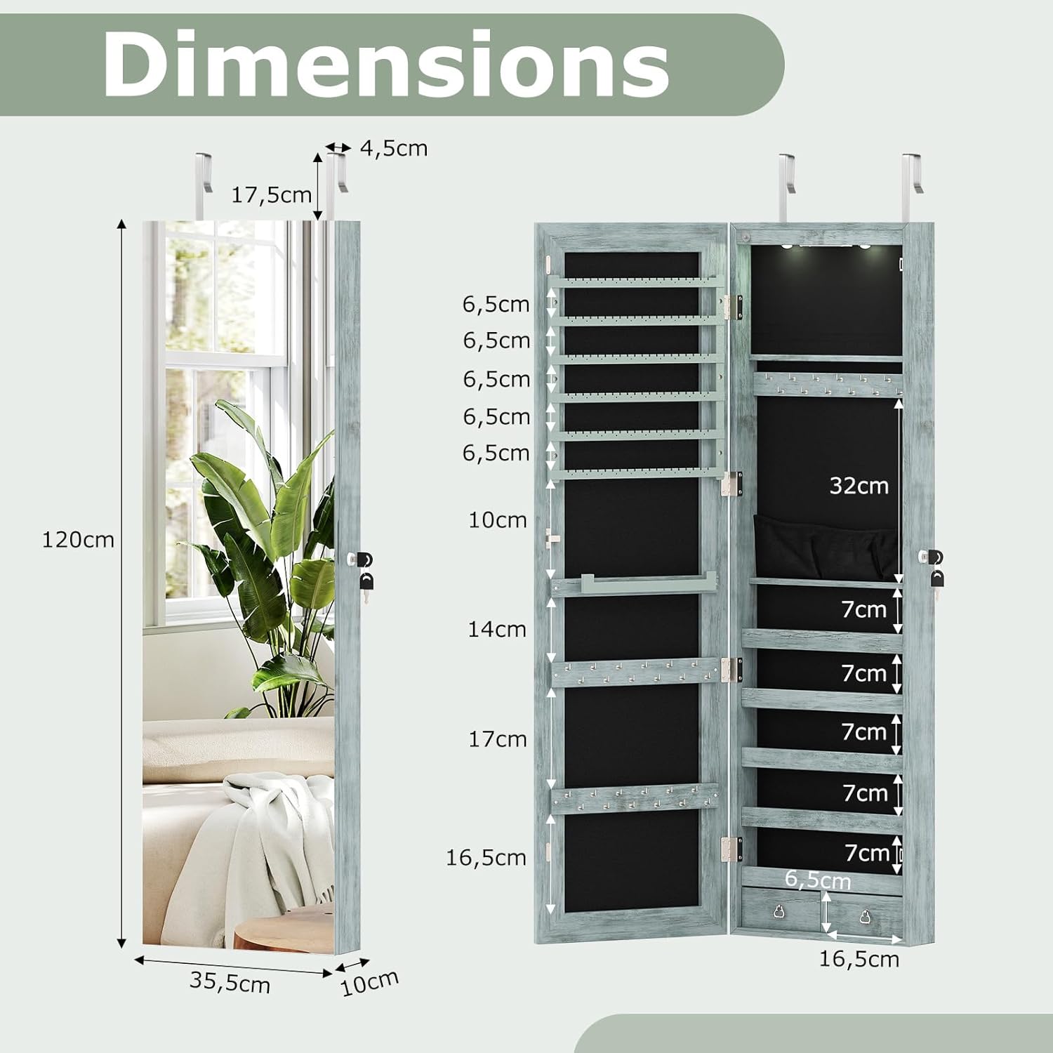 Armoire à Bijoux Mural Armoire Bijoux de Rangement 120 x 36 x 10 cm Bleu - 3