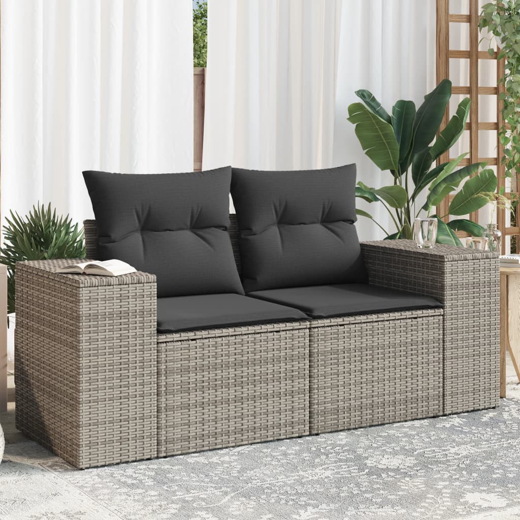 Canapé de jardin 2 places avec coussins gris résine tressée - 2