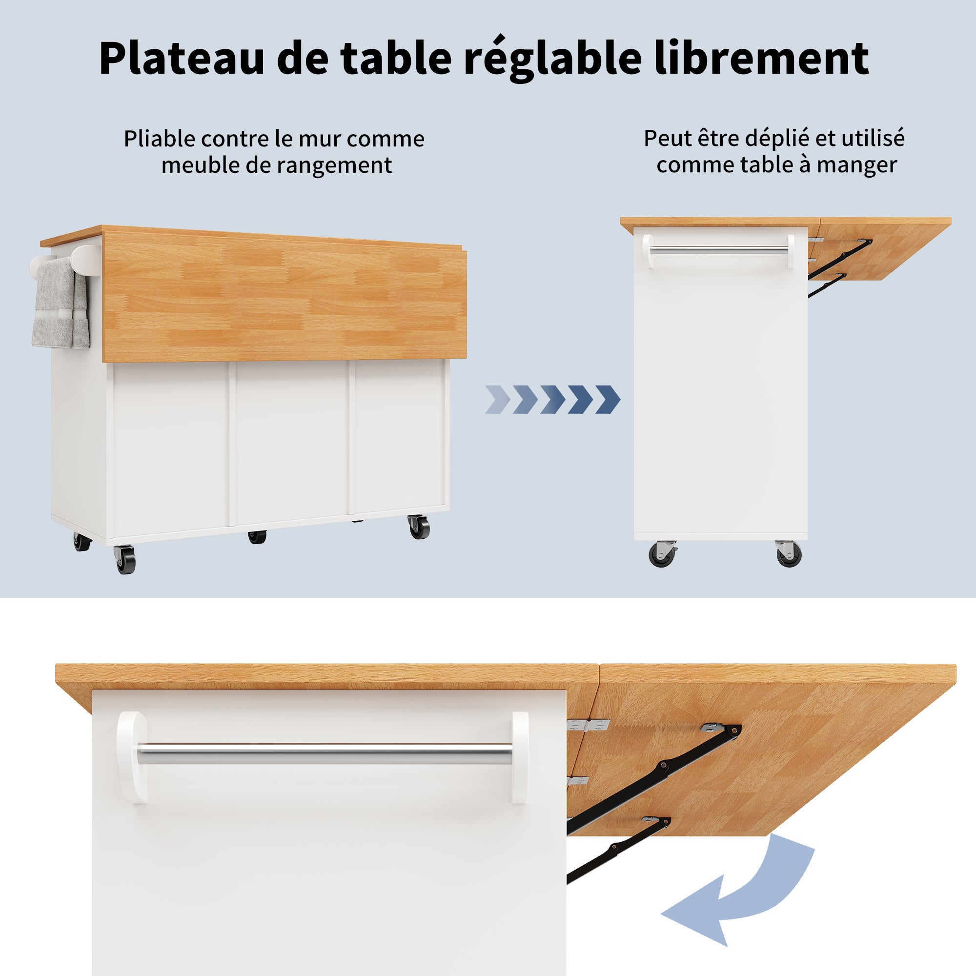 Îlot de cuisine avec 8 tiroirs, table à manger extensible 122x46-74.5x91.5 cm, meuble rangement mobile avec plateau MDF et roulettes, blanc - 5