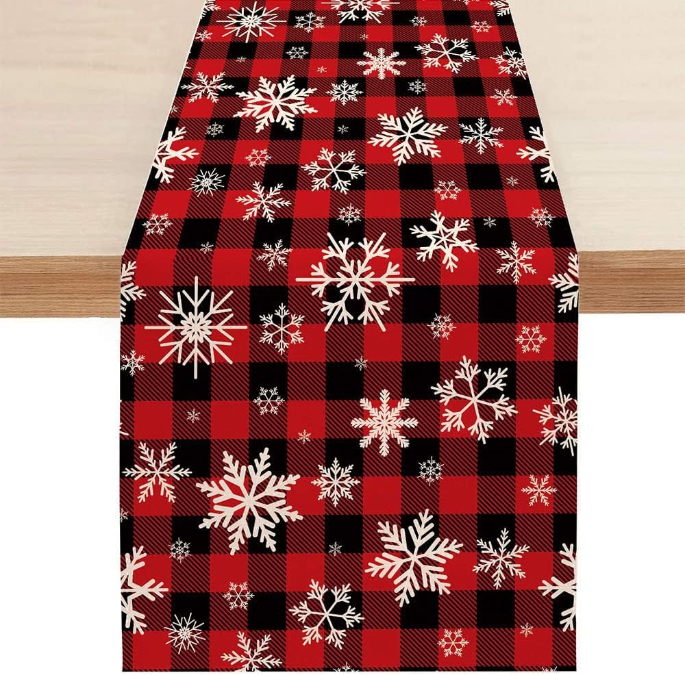Bieżnik na stół bożonarodzeniowy, 33 x 183 cm, czerwony wzór w płatki śniegu, lniany bieżnik na stół do zimowych dekoracji świątecznych