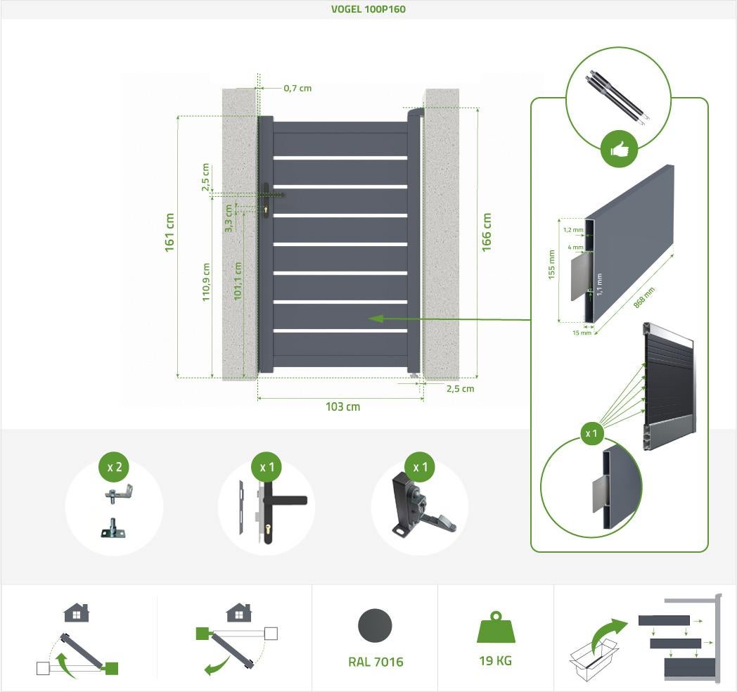 VOGEL Cancello pedonale manuale in alluminio, semi traforato 106 x 160 cm, grigio - 3