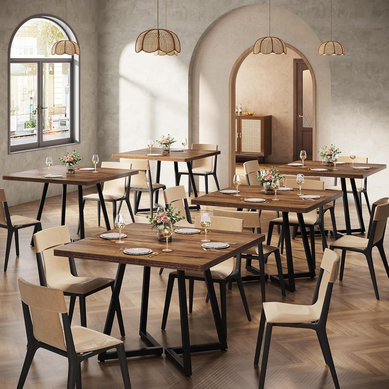 Tribesigns Kwadratowy stół jadalny dla 6 osób, 80 cm, industrialny stół obiadowy z metalową podstawą, stół kuchenny, rustykalny brązowy i czarny