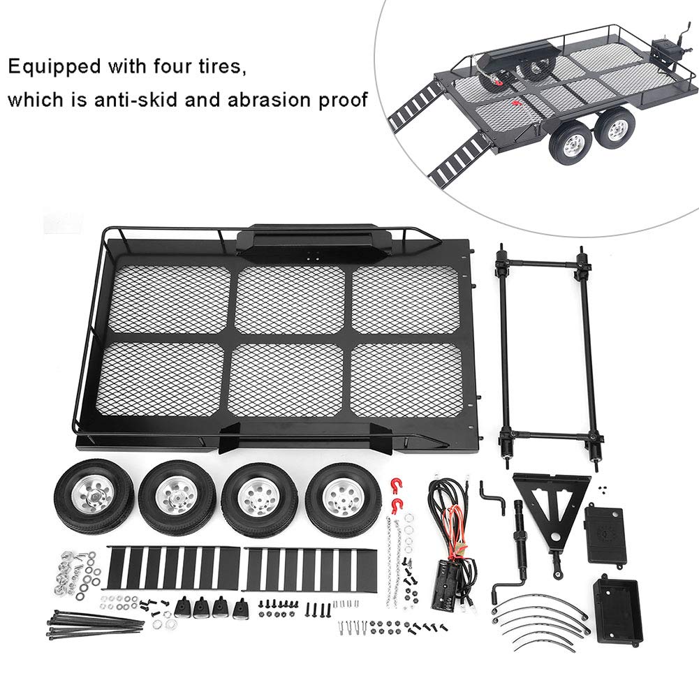 Remolque Para RC Crawler Escala 1/10 – Plataforma Metálica Con Doble Eje, Rampa Y Gancho, Estructura Hueca Para Mayor Estabilidad Y Carga