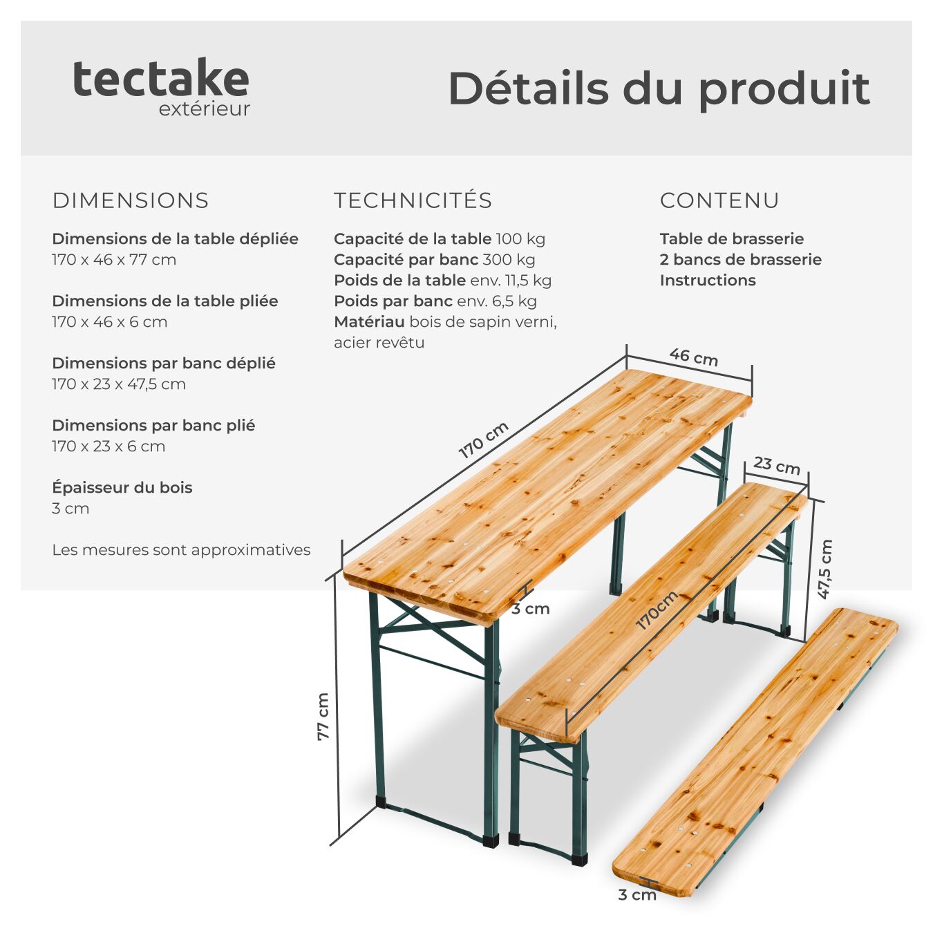 TECTAKE Conjunto de mesa e bancos 3 peças, dobrável - 6