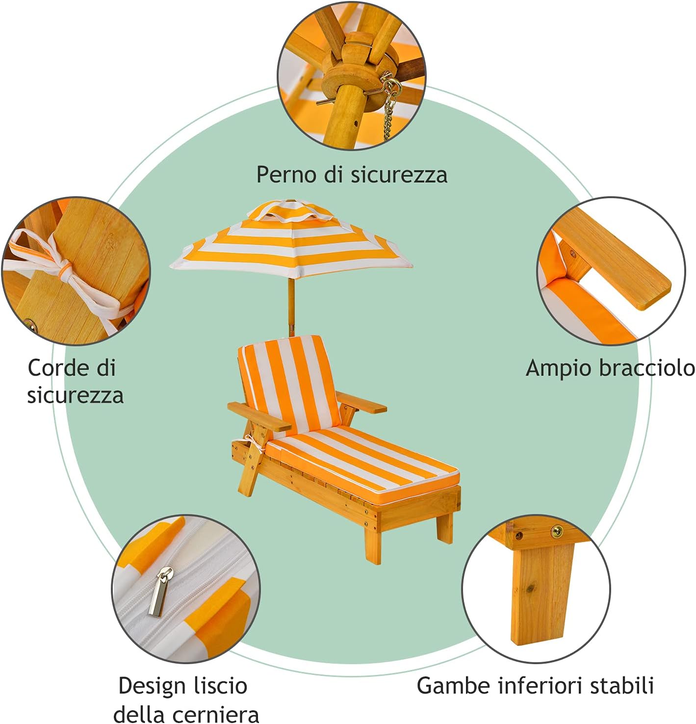 Chaise longue pour enfants 3-8 ans avec parasol amovible&nbsp;coussin lavable charge 50kg rayures - 8