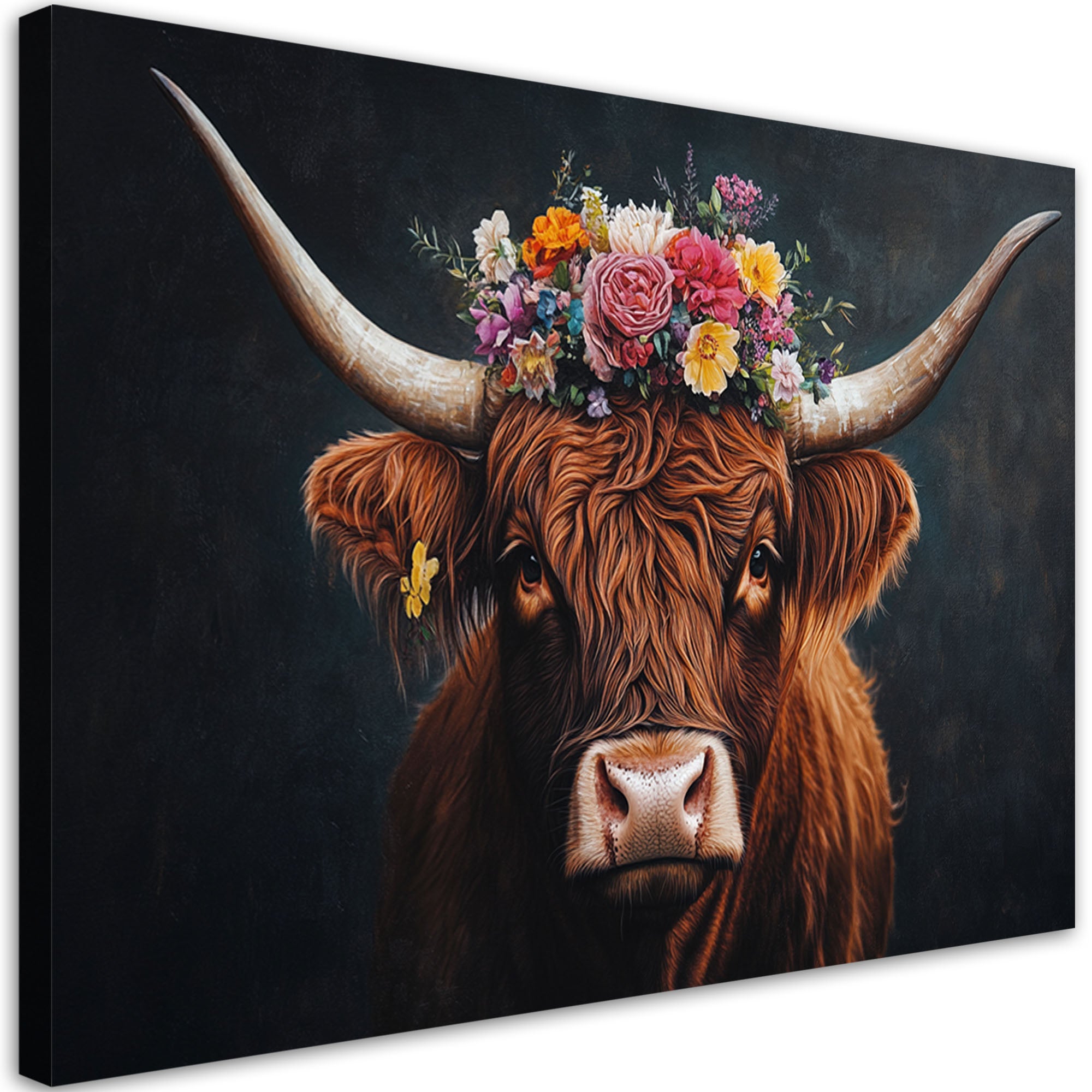 Obraz na płótnie, Krowa Szkocka Rasa Wyżynna, Kwiaty 120x80