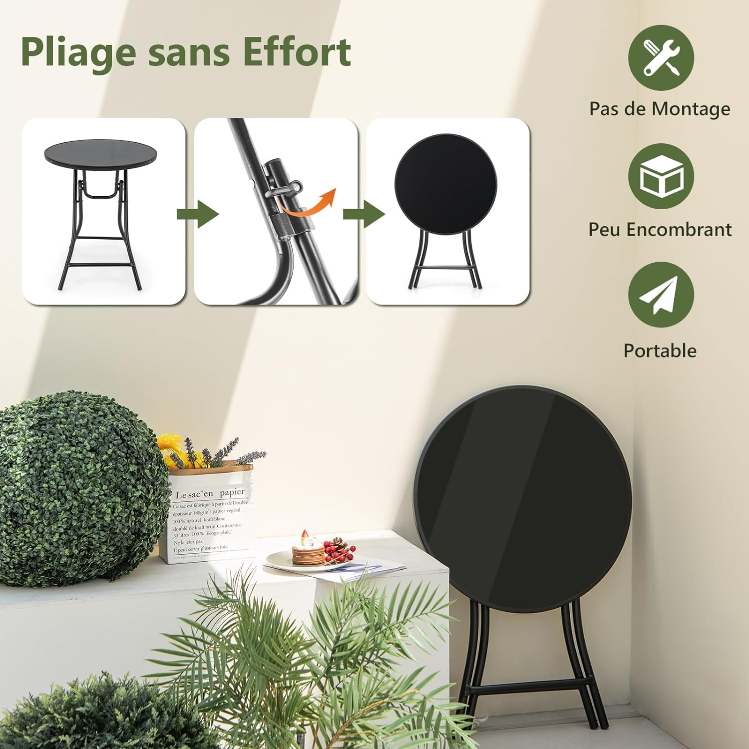 Stół bistro, składany stół ogrodowy z blatem z hartowanego szkła, stół tarasowy, balkonowy na taras, podwórko, basen, 59 x 59 x 67 cm - 2