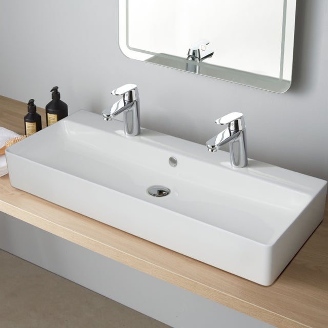 Vasque à poser ou à suspendre double robinet grande taille 110 x 42 cm - Regus