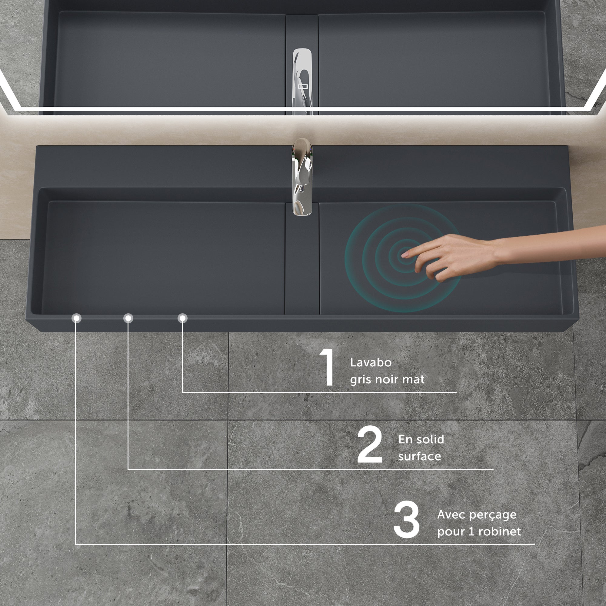 Lavabo Suspendu, Vasque à Poser, Lave-Mains Rectangulaire, 80cm, Gris Noir Mat, avec Cache Bonde, pour Salle de Bains, Colossum6028 doporro - 2