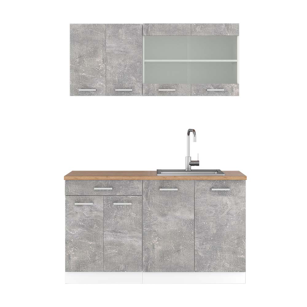 Cocina Modular 240cm Cocina R-Line Vicco 240cm - Diseño Hormigón/Blanco,  Encimera Mármol, Modular Mueble Ajustable Patas, image size:1000x1000