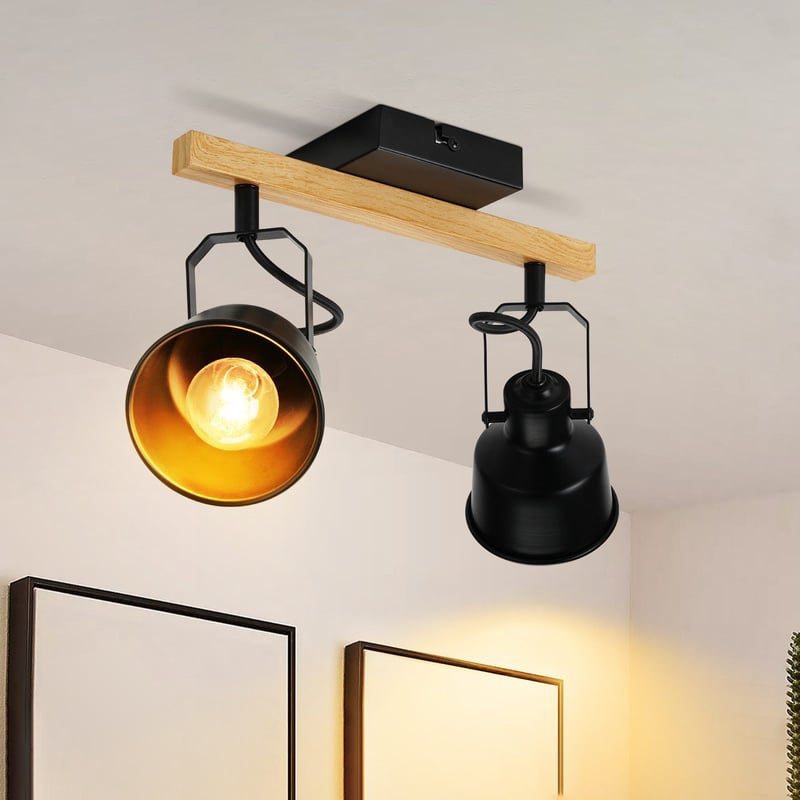 NETTLIFE Reflektorowa sufitowy 2 płomienie 350° Regulowany Vintage Gniazdo E14 Wysokiej jakości design w drewnie o usłojeniu