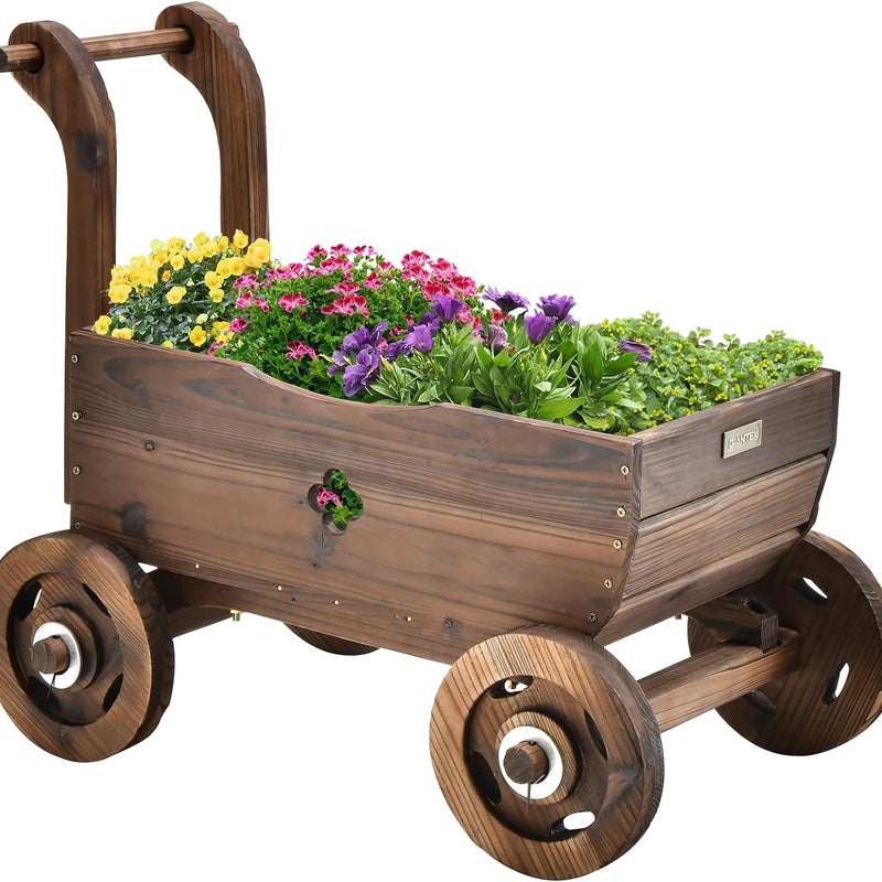 Donica w Kształcie Wózka z 4 Kołami, Drewniana Dekoracja Ogrodowa z 2 Otworami Drenażowymi, 68 x 38,5 x 53,5 cm (Brązowa)