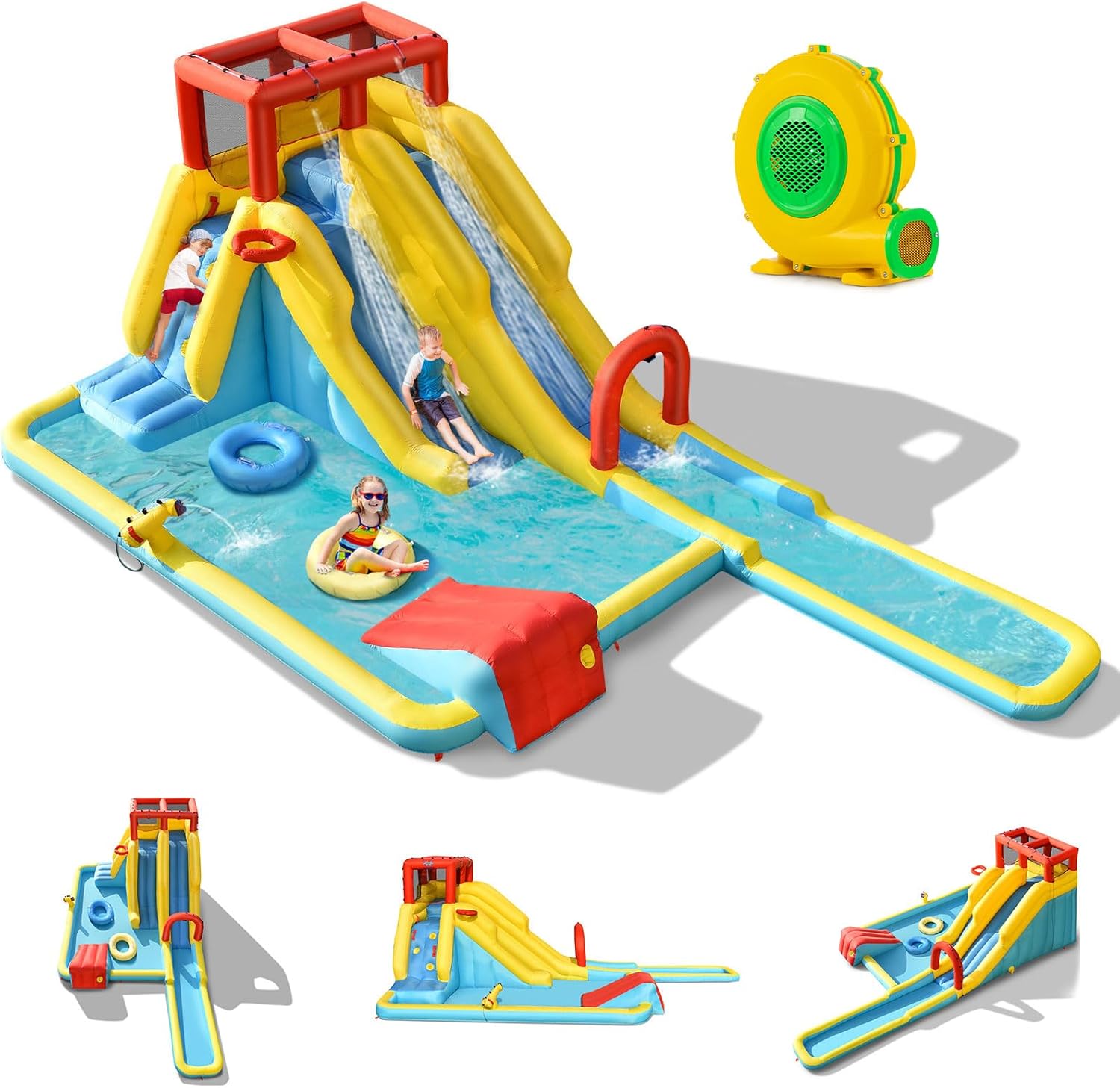 Nadmuchiwana Konstrukcja XXL do Użytku na Zewnątrz z Dmuchawą i Basenem, dla Dzieci w Wieku 3–10 lat (Zjeżdżalnia, z Dmuchawą 680 W)