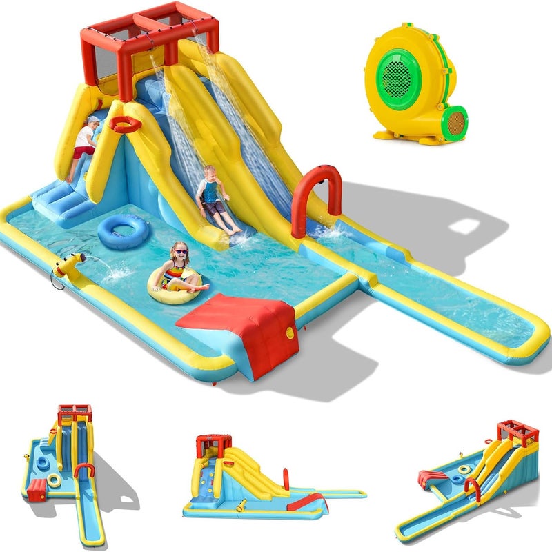 Nadmuchiwana Konstrukcja XXL do Użytku na Zewnątrz z Dmuchawą i Basenem, dla Dzieci w Wieku 3–10 lat (Zjeżdżalnia, z Dmuchawą 680 W)