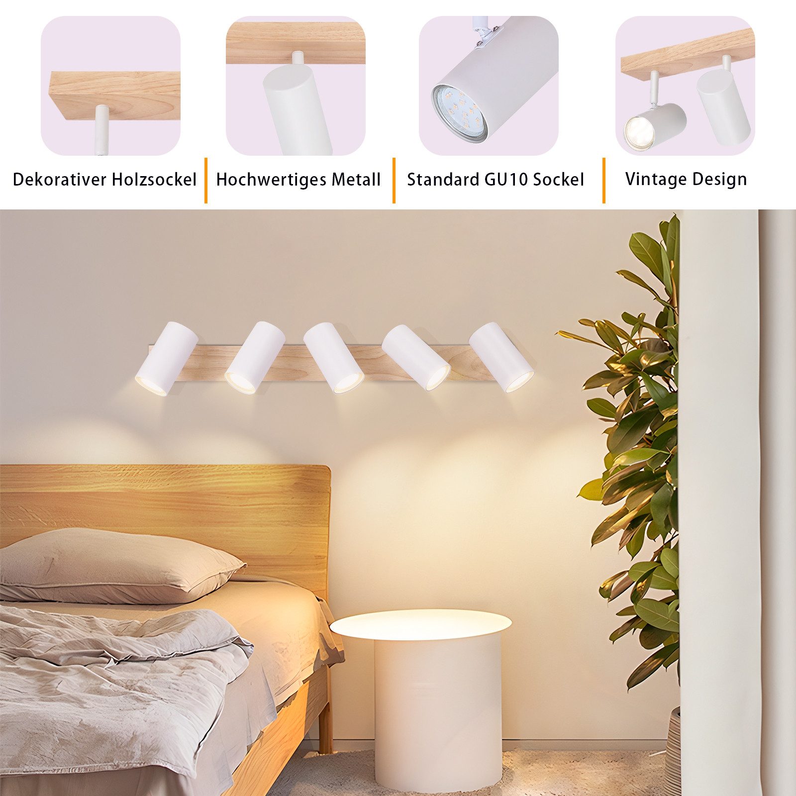 NETTLIFE Foco de techo 5 llamas madera Blanco vintage GU10 orientable 350° - 4