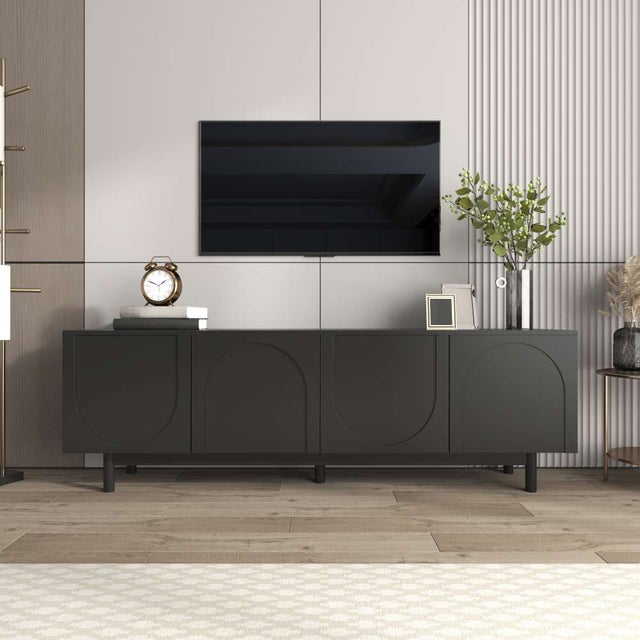 Nowoczesna szafka RTV z litego drewna 175x38x56 cm – niska szafka RTV z regulowanymi półkami i luksusowym designem