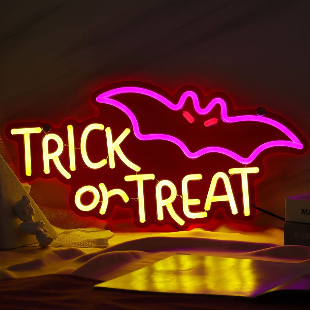 Świecący szyld Halloween, dekoracja ścienna "Trick or Treat", do zawieszenia w domu, barze lub salonie, 31 x 16 cm