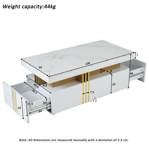Table basse rectangulaire 100x50x40 cm avec 2 tiroirs, espace de rangement, en MDF, blanche - 4