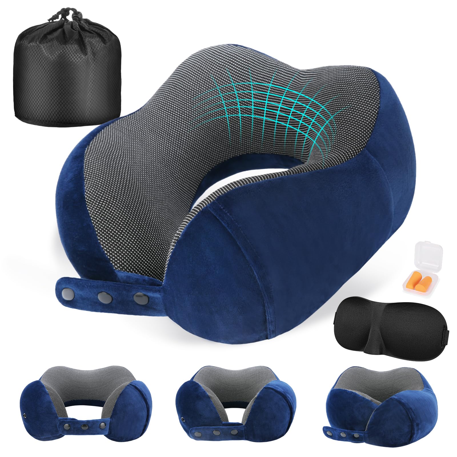 Cuscino cervicale per viaggi, comodo cuscino da viaggio, a forma di U, in memory foam, per aeroplano, supporto per collo e testa, adatto per aerei, treni, auto semoventi, colore blu mare