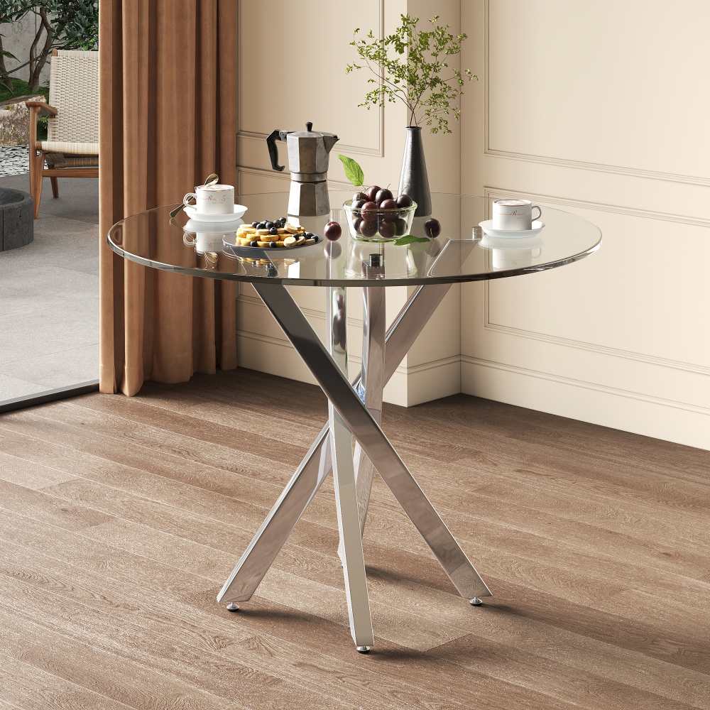 Tavolo da pranzo rotondo 100 cm con piano in vetro e gambe oro - Tastery