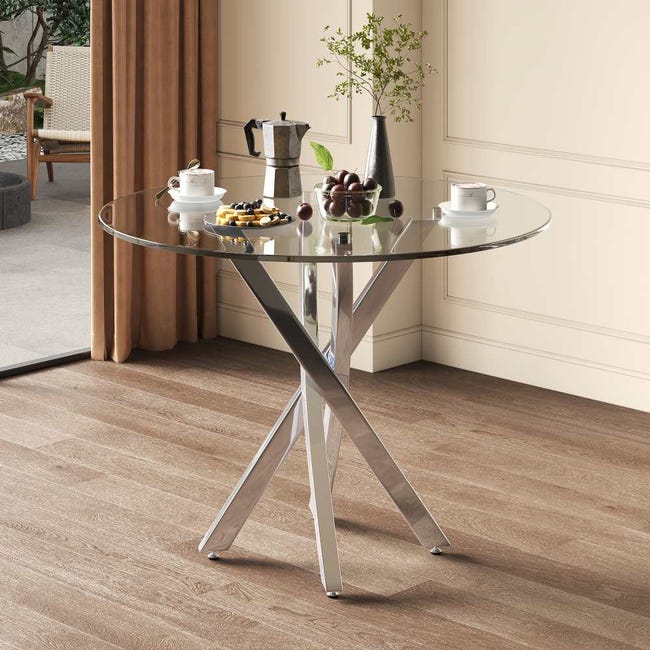 Tavolo da pranzo rotondo 100 cm con piano in vetro e gambe oro - Tastery Tavolo da pranzo rotondo 100 cm con piano in vetro e gambe oro - Tastery