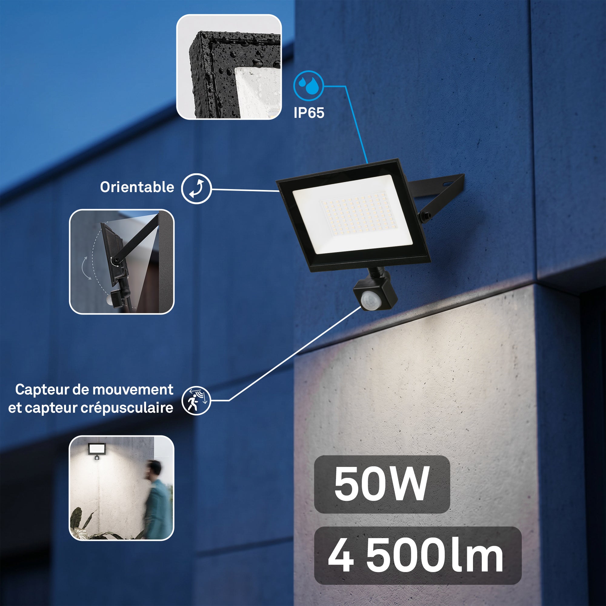 Projecteur LED - IP65 - Noir - 50W - 4500lm - 4000K - Détecteur de mouvement & capteur crépusculaire - 175×40×210mm - Briloner - 3
