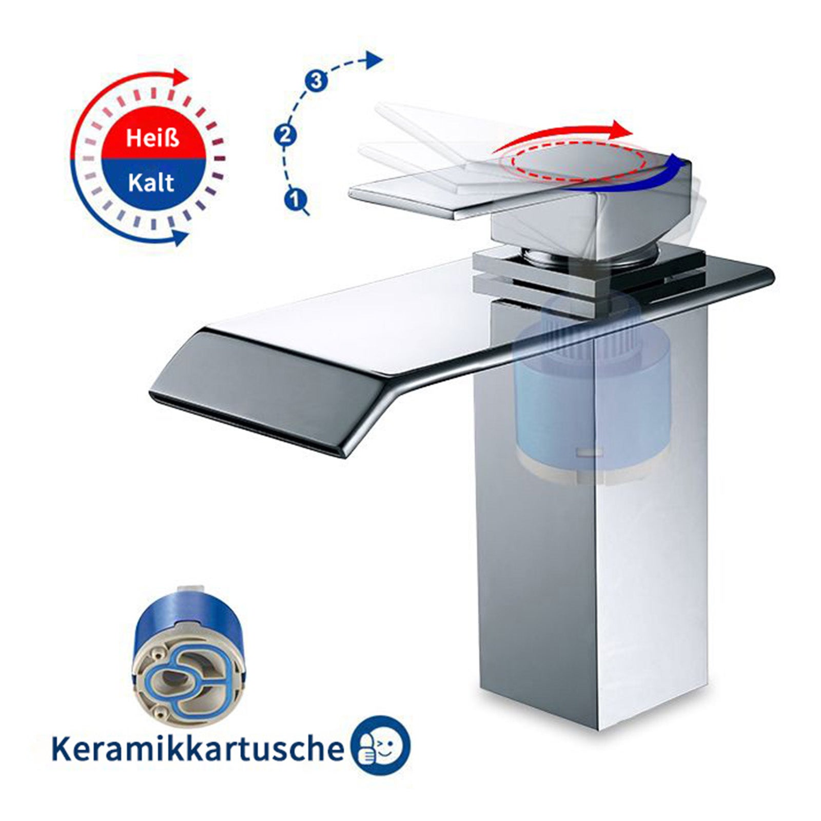 Robinet Salle de Bain Cascade Robinet de Lavabo en Laiton Mitigeur de Salle de Bain Chromé Forme Carré - 7