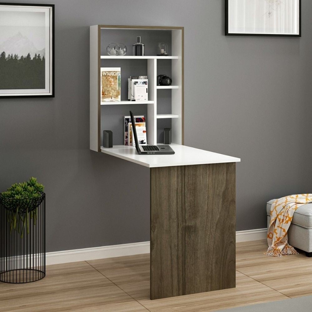 Scrivania A Muro Richiudibile Wintem Con Ripiani – Design Salvaspazio Per Casa E Ufficio, Moderna E Facile Da Ripiegare