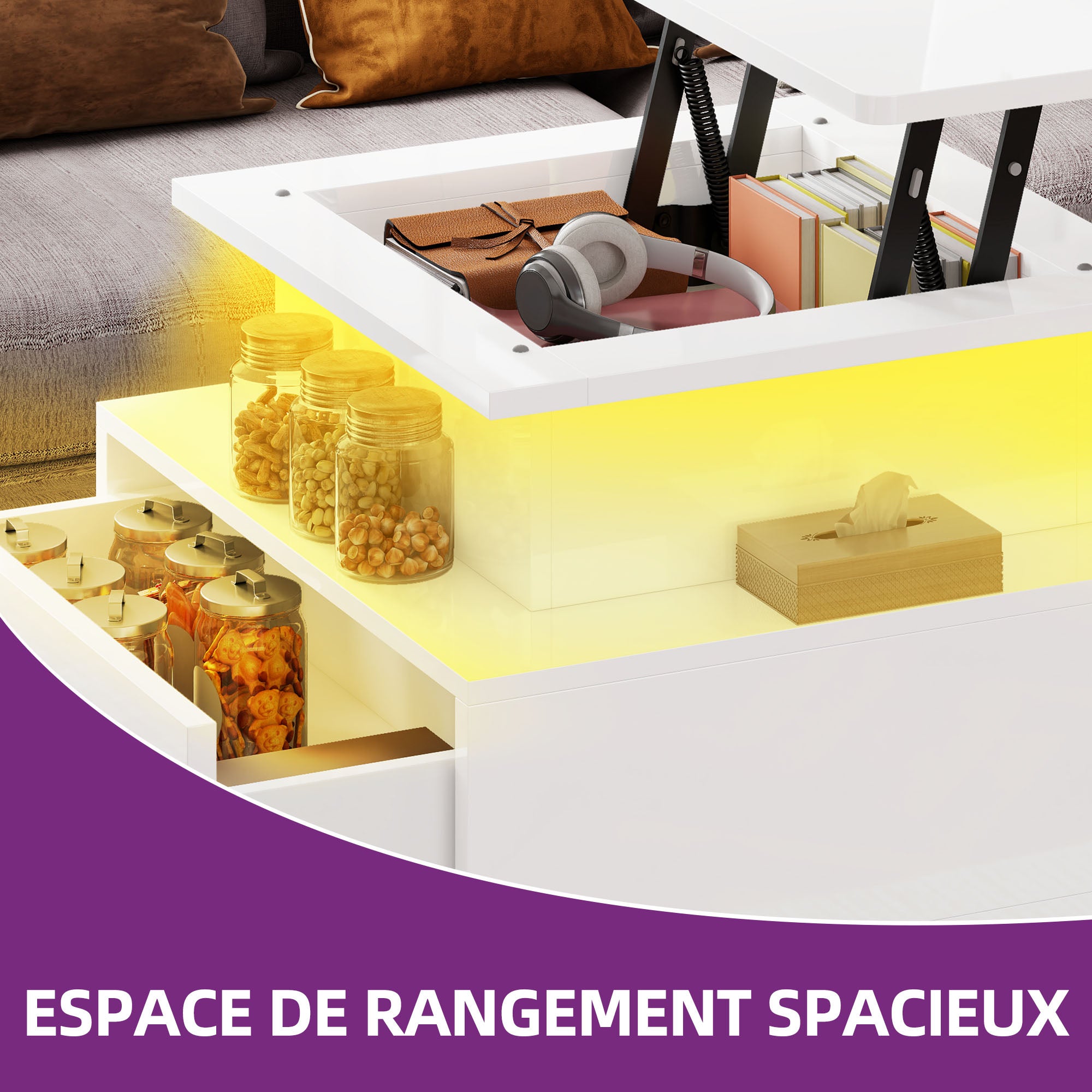 Balconera Table basse avec plateau relevable, 60 x 60 x 45 cm, finition laquée brillante, guirlande lumineuse LED et 2 tiroirs - 5