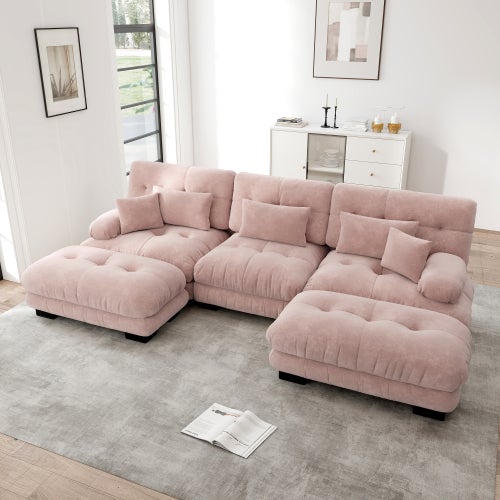 Canapé d'angle 3 place avec pouf amovible, en tissu, rose - 2
