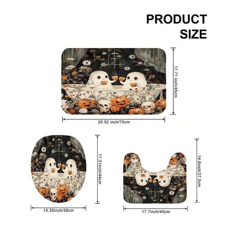 3 pièces mignon fantôme citrouille tapis antidérapants,housse d'abattant de toilette et tapis de bain, décoration de salle de bain Halloween,polyester - 2