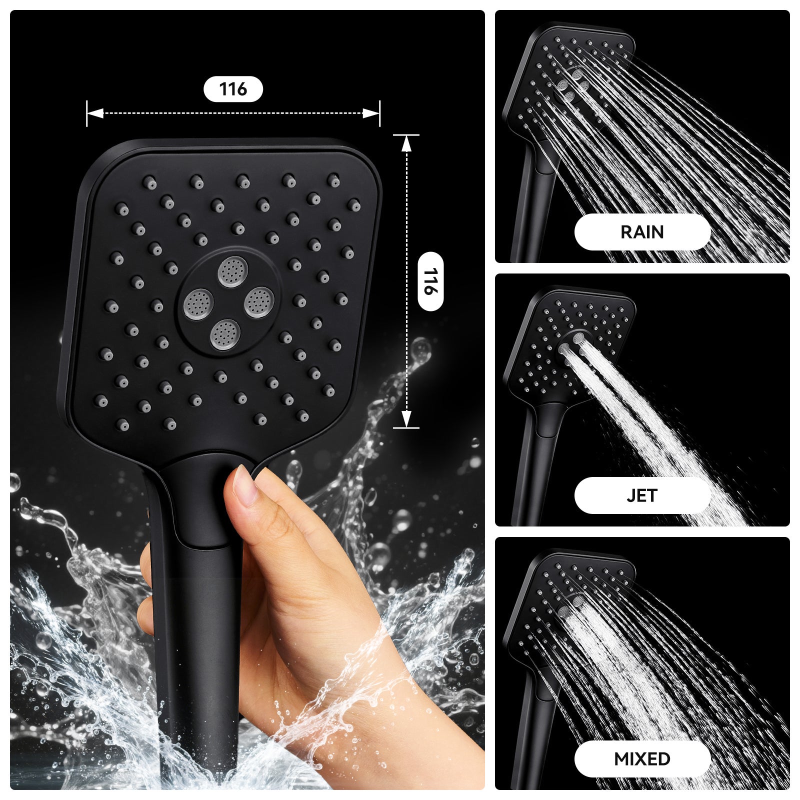 Auralum max Colonne de Douche,Système de douche thermostatique 38°C,avec Douchette à Main avec 3 Jets,30x19CM Pommeau de Douche,Noir - 4