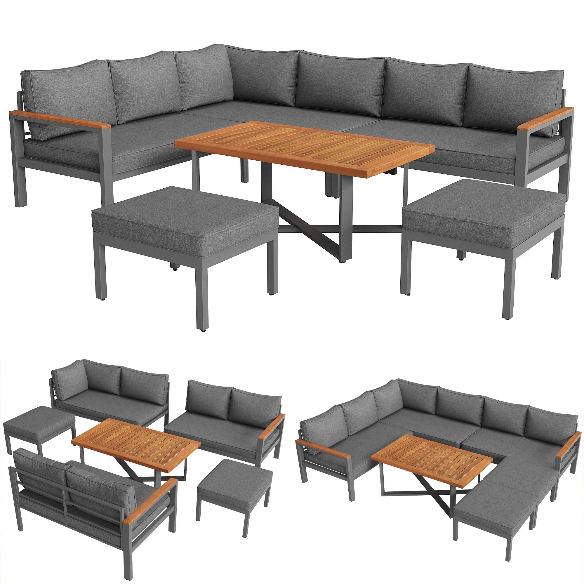 Mobiliario de jardín modular en hierro galvanizado: 3 sofás de 2 plazas + 2 bancos + 1 mesa de centro - Gris - 3