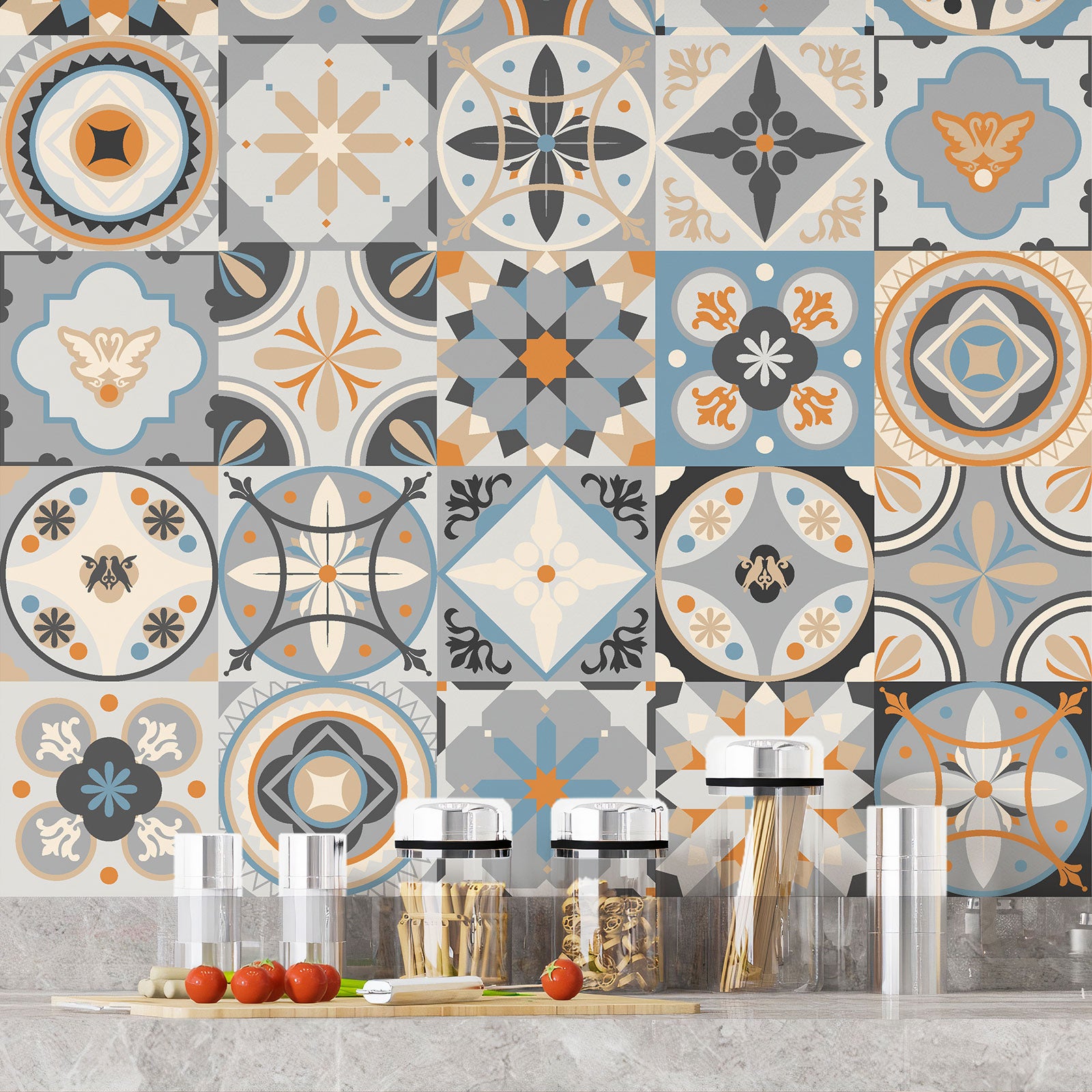 Crédence adhésive sticker décoratif pour cuisine - Effet carreaux de ciment - Adhésif BRILLANT - 60x60 cm - 4