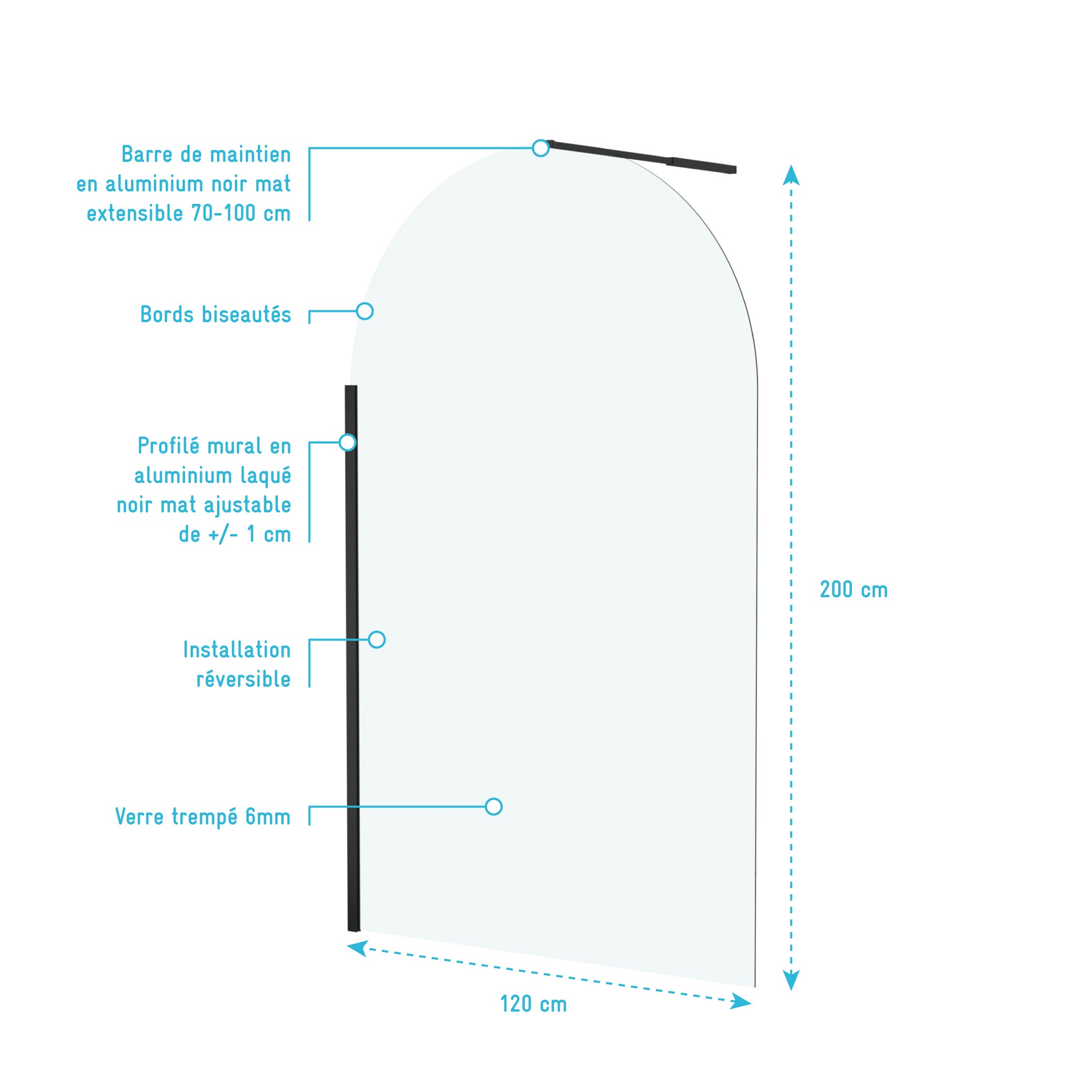 Paroi de Douche arrondie 120x200 cm - Profilé Noir Mat - DARK CURVED - 4