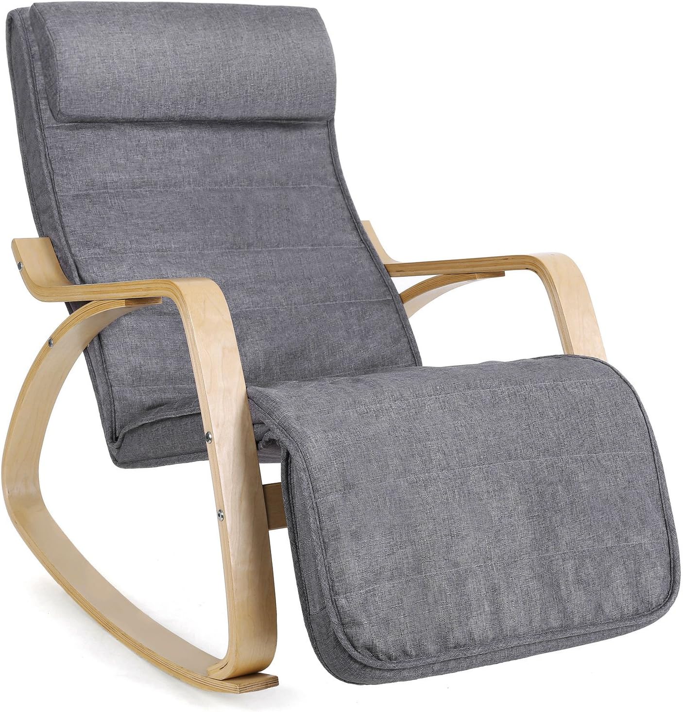 SoBuy Fauteuil Bascule FST16-DG – Rocking Chair Avec Repose-Pieds Réglable + Oreiller – Bouleau & Coton Gris