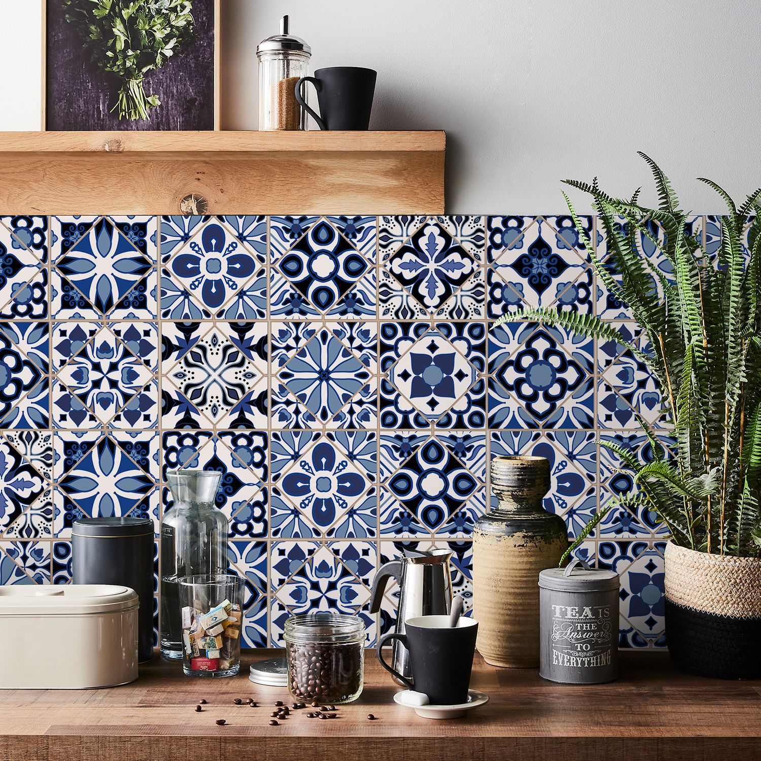 Lot de 24 stickers carrelage bleus style marocain, en PVC auto-adhésif et imperméable, adaptés aux cuisines, stickers de 15*15 cm - 2