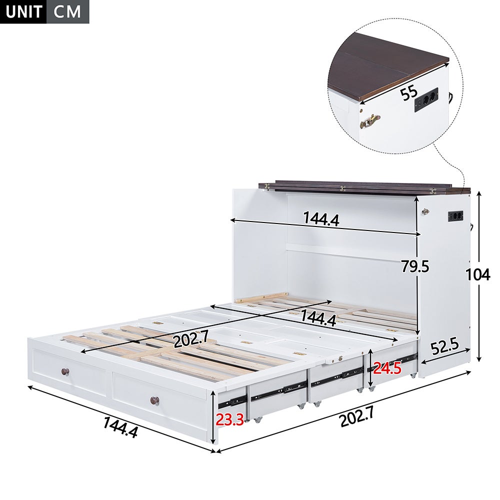 Armoire lit 140 x 200, avec tiroirs au bout du lit et étagères à la tête du lit, avec USB et prises, blanc - 3