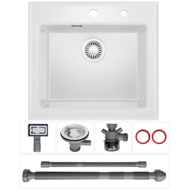 CECIPA MAX Evier de cuisine en Ceramique 55*50cm, Evier a Encastre Blanc, Eveir 1 Bac Kit de Vidage