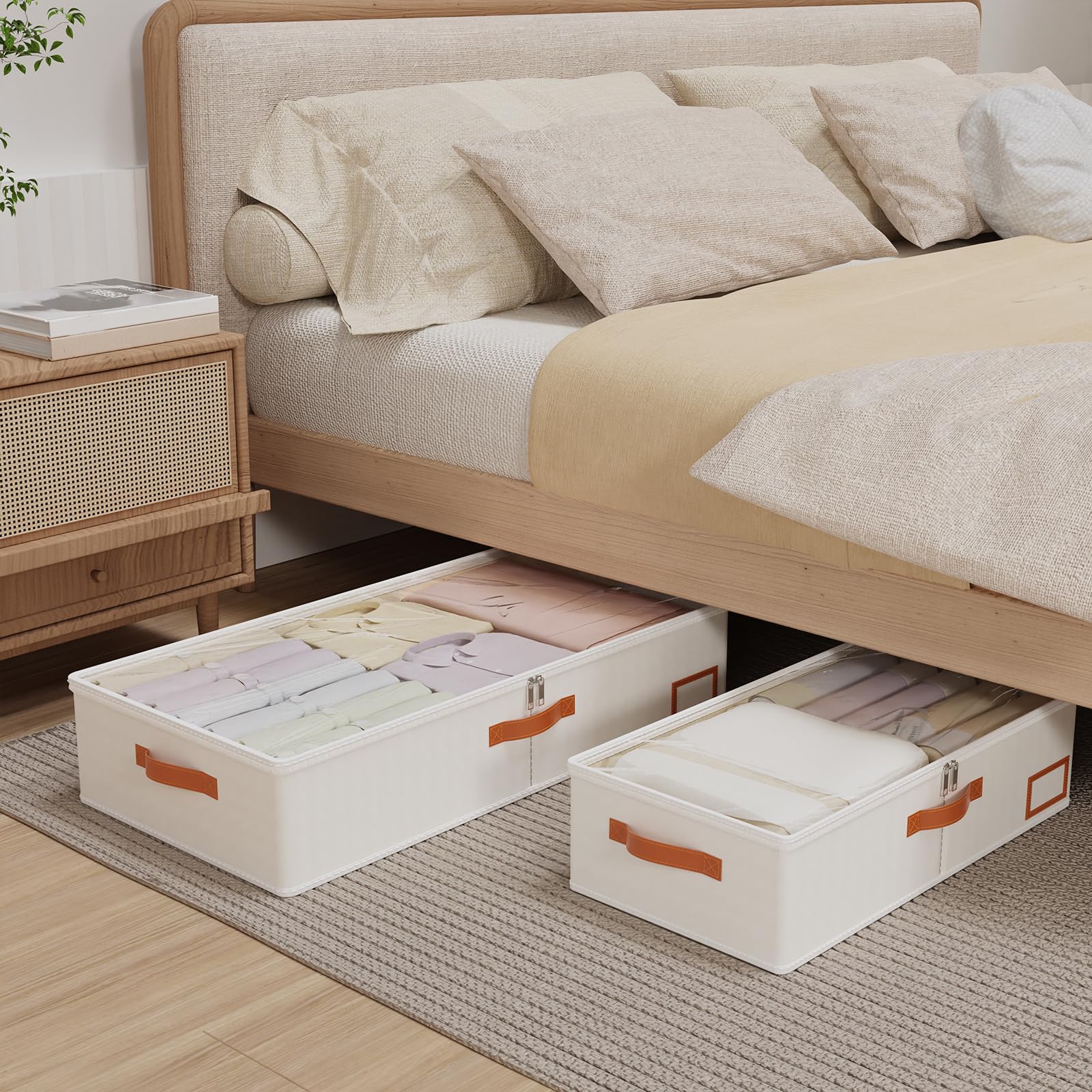 2 Pcs Bacs de Rangement Sous Le Lit, Sac à Vêtements Pliable, Fenêtre Transparent et Fermeture éclair, pour la Literie, 80x40x15cm, Beige - 4