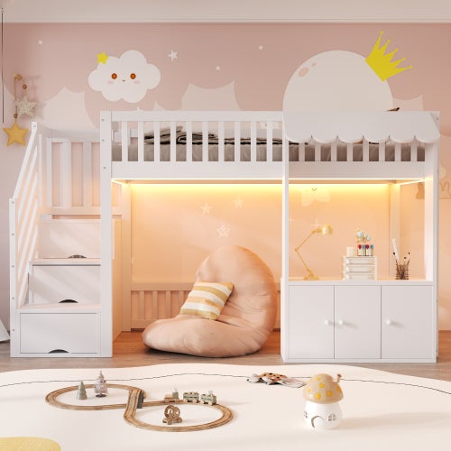 Lit superposé Enfant 90X200 avec armoire et LED, Lit mezzanine avec escalier de rangement et sommier à lattes, Blanc(Sans Matelas) - 3